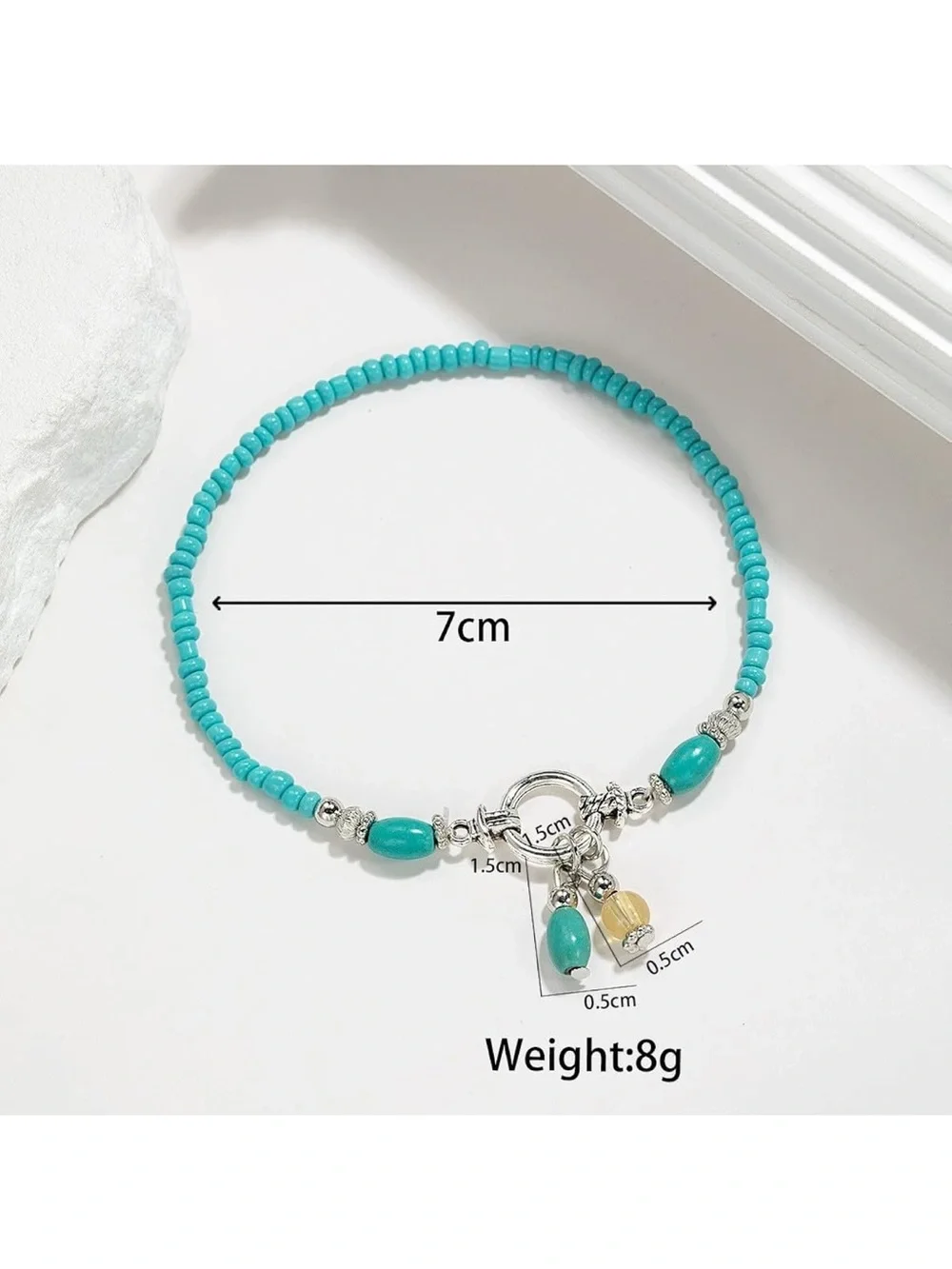 New !Turquoise Beaded Anklet with Silver Toggle & Charms